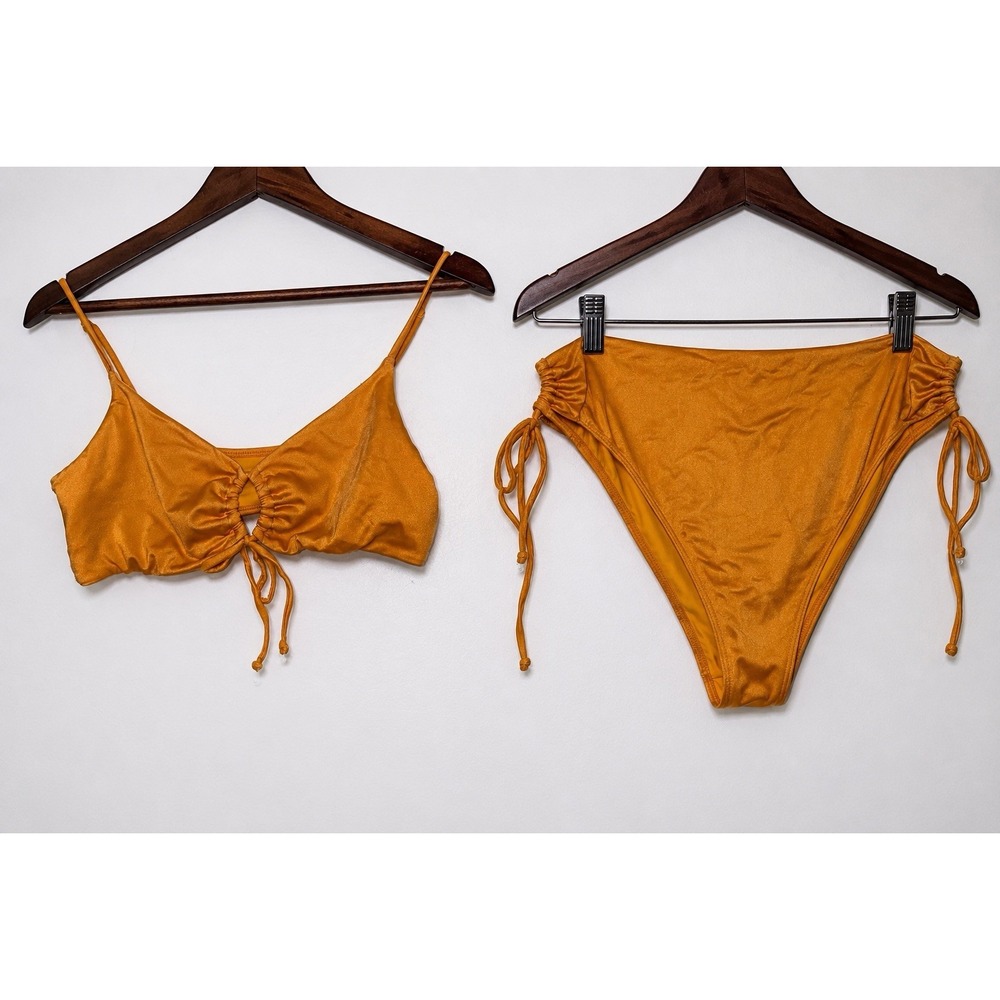 Kendall + Kylie Bright Orange Ruched Drawstring High Cut Side Tie Bikini Sz L
